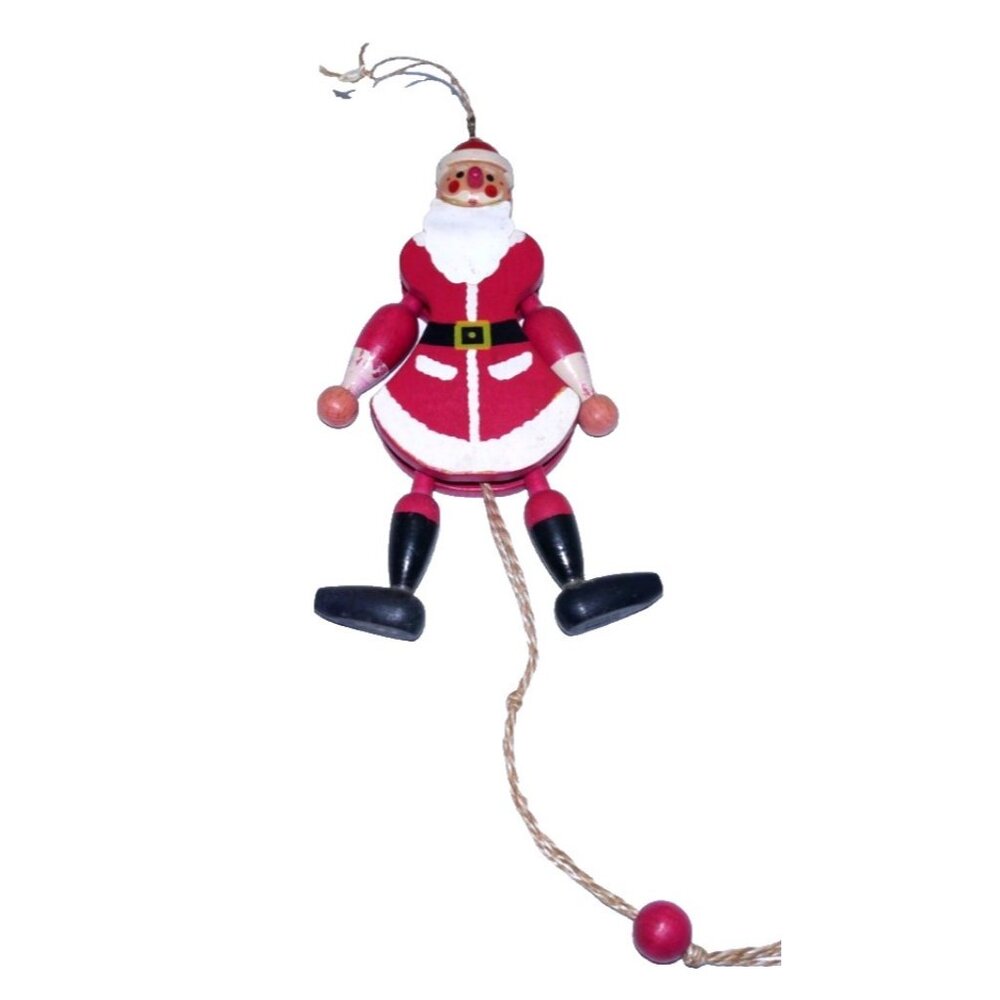 Vintage wooden Santa ornament limbs move with pull string 6" long, Austria